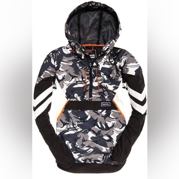 [2XL/PTP26”]Superdry Black Gray Camo 1/2 Zip Lined Men Windbreaker Jacket Biker - Picture 2 of 16